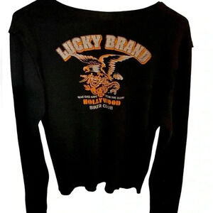 Lucky Brand Hollywood Biker Club Black Cropped Thermal Shirt Top Sz XL